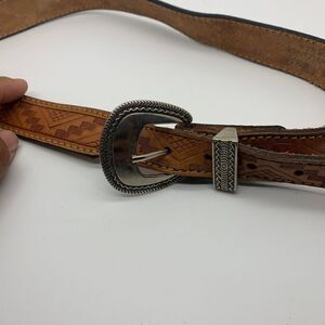 Women Abstract Starburst Brown Leather Belt Silver Buckle Ribco USA Made Size 14